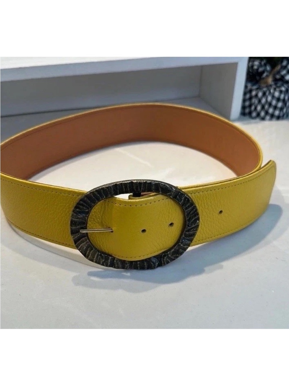 Yellow Leather Women's Belt with Textured Oval Buckle